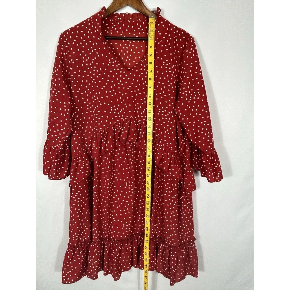 Unbranded Red Polka Dot Ruffle Tiered Dress Size‎ L Plunge Collar Twee Secretary - Picture 8 of 10